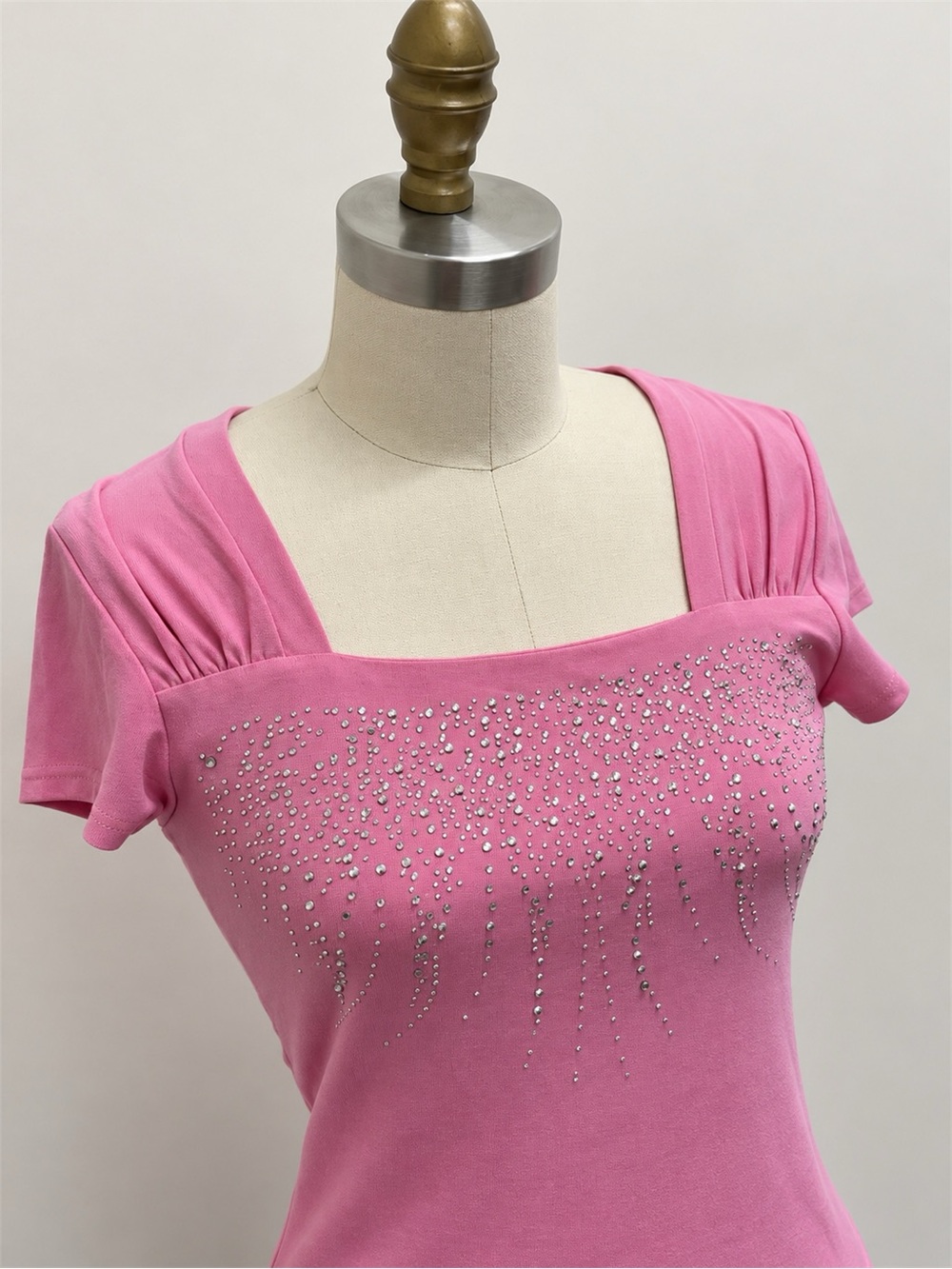 Vintage Pink Rhinestone Y2K Short Sleeve Top